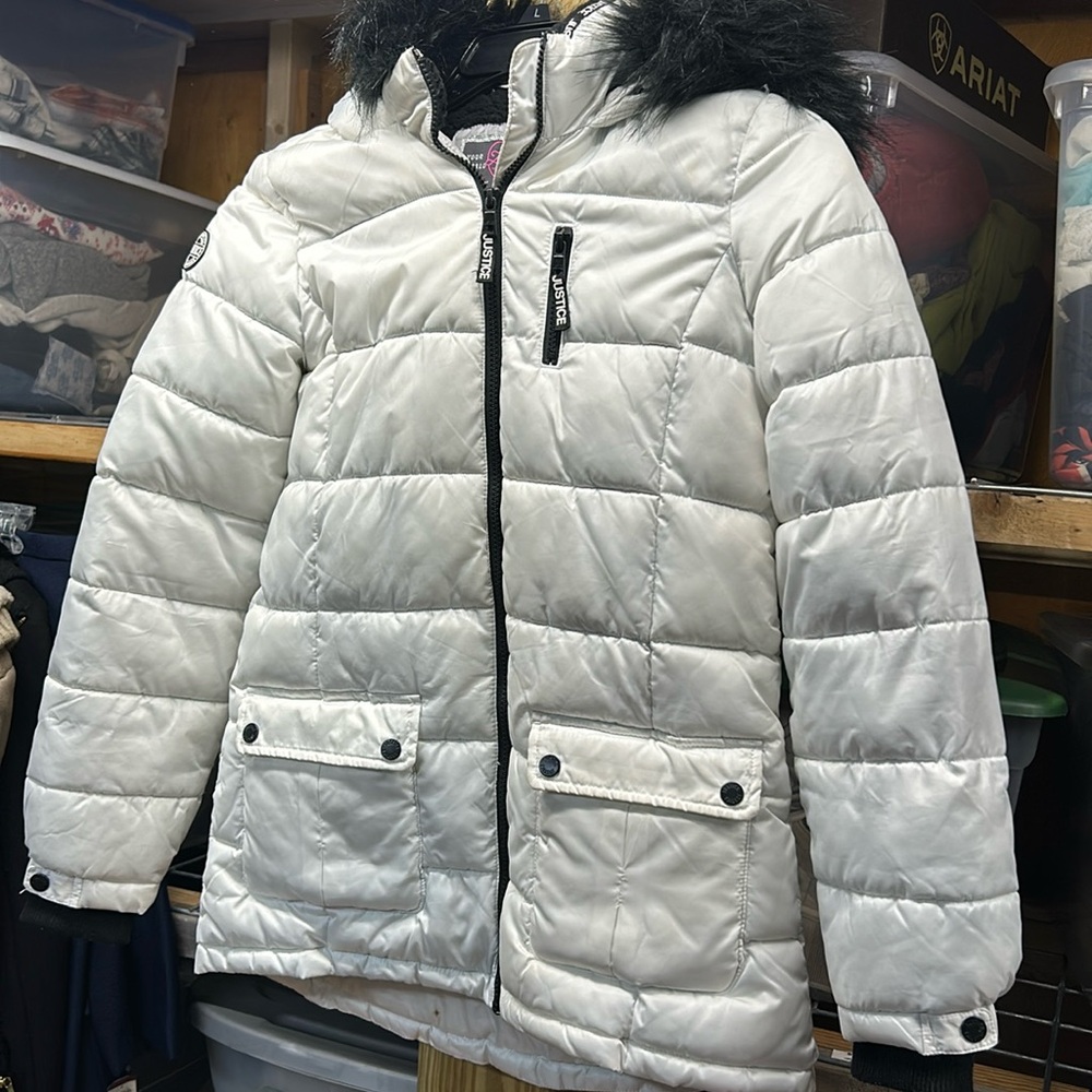 Justice‎ White Puffy coat white with black trim girls size 14/16